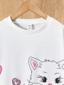 SHEIN Kids Nujoom Tween Girl 2pcs/Set Happy Cute Cat Print Knitwear