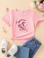 SHEIN Girls' Heart Lollipop & Letter Printed Short Sleeve T-Shirt For Toddler & Little Girls