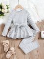 Young Girl Ribbed Knit Peplum Belted Tee & Leggings