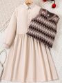 Girls' Vintage Style Long Sleeve Dress With Small Collar And Diamond Check Knit Vest Two-piece Set (for Older Children)