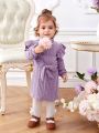 SHEIN Baby Girls' Casual Knitted Solid Color High Neck Belted Long Sleeve Dress With Flounced Hem