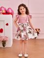 SHEIN Kids CHARMNG Little Girls' Square Neck Detachable Belted Ruffle Sleeve Dress With Flower Patchwork