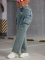 SHEIN ICON Multiple Pockets Straight Leg Workwear Jeans With Washed Effect