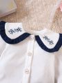 Baby Girl Floral Embroidery Statement Collar Blouse & Bow Front Split Hem Skirt