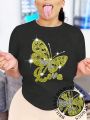 Plus Size Women'S Short Sleeve Butterfly & Letter Rhinestone Embellished T-Shirt