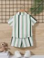 SHEIN Baby Boys' Casual Vacation Vertical Stripe 2pcs/Set