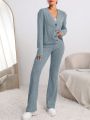 SHEIN LUNE Ribbed Knit Button Front Jacket & Flare Leg Pants