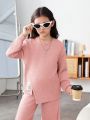 SHEIN Kids EVRYDAY Tween Girls Applique Round Neck Asymmetrical Hem Top And Long Pants Casual 2pcs Outfit