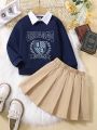 SHEIN Kids Academe Girls' (toddler/little Kid) Academy Style Embroidered Patchwork Collar Sweatshirt And Pleated Skirt Set Suitable For Fall/winter Holidays, Parties And School Outfits