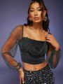 SHOP STYLE Draped Collar Lantern Sleeve Glitter Crop Top