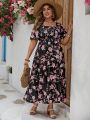 SHEIN VCAY Plus Size Short Sleeve Square Neckline Floral Print Vacation Style Dress