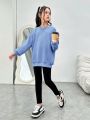 SHEIN Kids HYPEME Tween Girls' Casual Sportswear Set With Knitted Heart And Letter Printed Pullover Sweatshirt And Skinny Knitted Long Pants