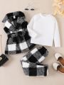 Toddler Girls Solid Tee & Buffalo Plaid Print Belted Teddy Vest Coat & Pants