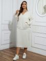 Plus Size Solid Color Hoodie And Midi Skirt 2pcs/Set