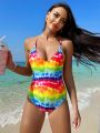 SHEIN Swim Vcay Ladies' Rainbow Color One-piece Swimwear