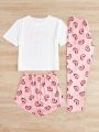 Heart & Slogan Graphic Tee & Shorts & Pants PJ Set