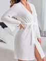 Ladies' Solid Color Lace Trimmed Robe With Waist Belt