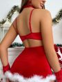 SHEIN Christmas Fuzzy Trim Underwire Lingerie Set With 1pair Gloves