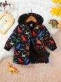 Baby Boy Letter & Dinosaur Print Teddy Lined Hooded Coat