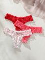 SHEIN Ladies' Full Printed Heart Patterned Thong With Ruffle Details