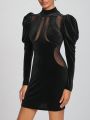 POSHFEM Mock Neck Gigot Sleeve Velvet Bodycon Dress