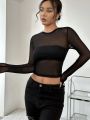 SHEIN ICON Mesh Patchwork Long Sleeve Slim Fit Top