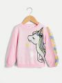 SHEIN Kids FANZEY Toddler Girls' Elegant And Cute Unicorn Patterned Pullover Sweater With Round Neck