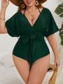 Plus Solid Belted One Piece Swimsuit