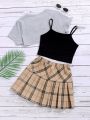 SHEIN Teen Girls' High-Low Hem T-Shirt, Camisole, Plaid Skirt, School Style Outfits