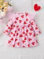 SHEIN Baby Girls' Casual Long Sleeve Mesh Dress With Heart Lollipop Pattern Patchwork