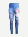SHEIN Kids KDOMO Girls' Unicorn & Letter Print Slim Fit Long Jeans With Denim Look