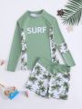 Tween Boy Letter & Tropical Print Beach Swimsuit