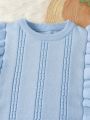 Young Girls' Solid Color Ruffle Detail Decor Round Neck Sweater