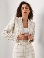 TSS Plaid Pattern Raw Trim Crop Tweed Blazer