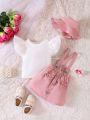 Baby Ruffle Trim Tee & Bow Front Suspender Skirt & Hat