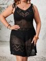 SHEIN Swim BohoFeel Plus Size 1pc Knotted Shoulder & Openwork Knit Cover Up Dress