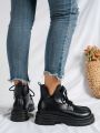 Lace-up Thick Heel & Platform Casual Short Boots Women's Fashionable Moto Boots