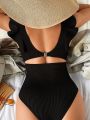 Solid Color Hollow Out Twist Front Ruffle Trim One-Piece Swimsuit