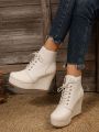 Women's White Wedge Lace-up Ankle Boots With Thick Sole