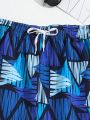 Boys' Blue Geometric Printed Drawstring Beach Shorts