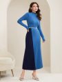 SHEIN Mulvari Color Block Half Turtleneck Long Sleeve Sweater Dress Without Belt