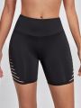 Wide Waistband Laddering Cutout Side Sports Biker Shorts