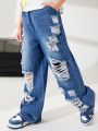 SHEIN Boys' Casual Loose Straight Leg Distressed Denim Jeans