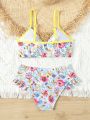 Girls' Printed Contrast Binding Swimsuit Top And Ruffle Hem Swim Bottom Set