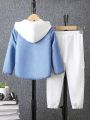 Little Boys' Hooded Printed Denim Look Top With Solid Color Pants Outfit Set