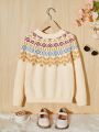 SHEIN Kids EVRYDAY Tween Girl Geo Pattern Raglan Sleeve Sweater