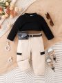 Infant Girls' Solid Color Suspender Crop Top, Tee And Cargo Pants 3pcs Outfit Set