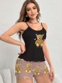 Ladies Cartoon Bear Print Cami Pajamas Set