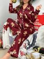 Christmas Gingerbread Man Print Contrast Piping Satin PJ Set