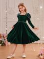 SHEIN Tween Girl Square Neck Gigot Sleeve Pearls Beaded Velvet Dress